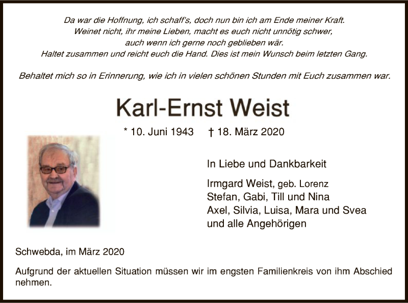  Traueranzeige für Karl-Ernst Weist vom 25.03.2020 aus Eschwege