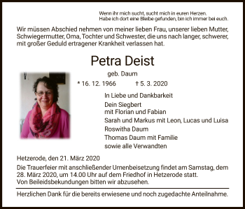 Traueranzeige von Petra Deist von Eschwege