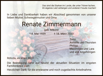 Traueranzeige von Renate Zimmermann von Eschwege