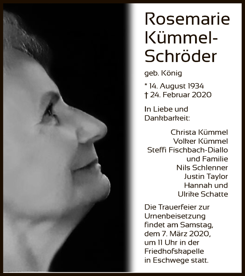  Traueranzeige für Rosemarie Kümmel-Schröder vom 29.02.2020 aus Eschwege