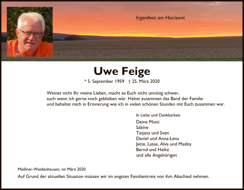  Traueranzeige für Uwe Feige vom 28.03.2020 aus Eschwege