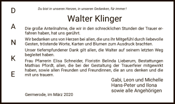 Traueranzeige von Walter Klinger von Eschwege