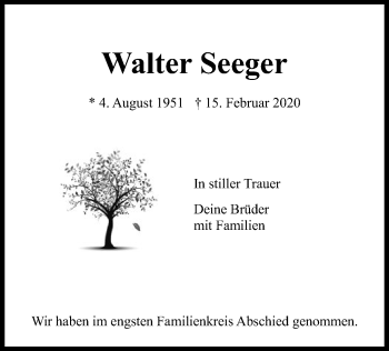 Traueranzeige von Walter Seeger von Eschwege