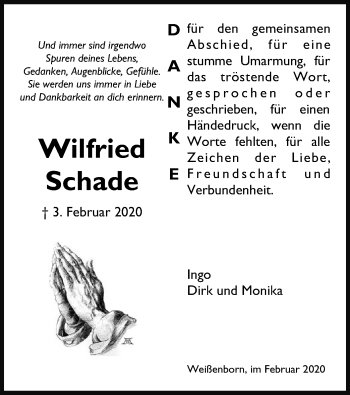 Traueranzeige von Wilfried Schade von Eschwege