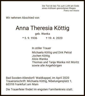 Traueranzeige von Anna Theresia Köttig von WRS