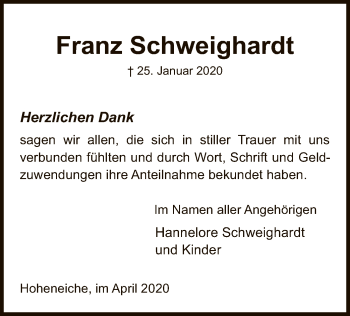 Traueranzeige von Franz Schweighardt von WRS