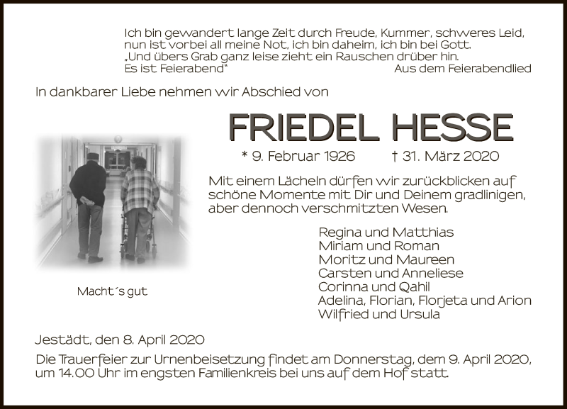  Traueranzeige für Friedel Hesse vom 08.04.2020 aus Eschwege