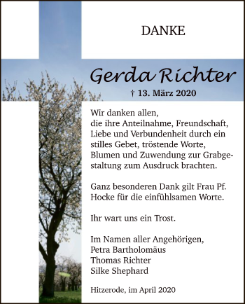 Traueranzeige von Gerda Richter von Eschwege