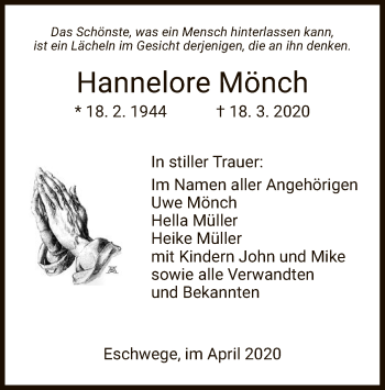 Traueranzeige von Hannelore Mönch von WRS