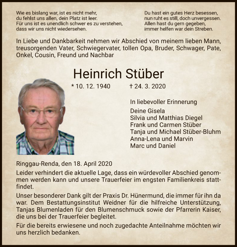  Traueranzeige für Heinrich Stüber vom 18.04.2020 aus WRS