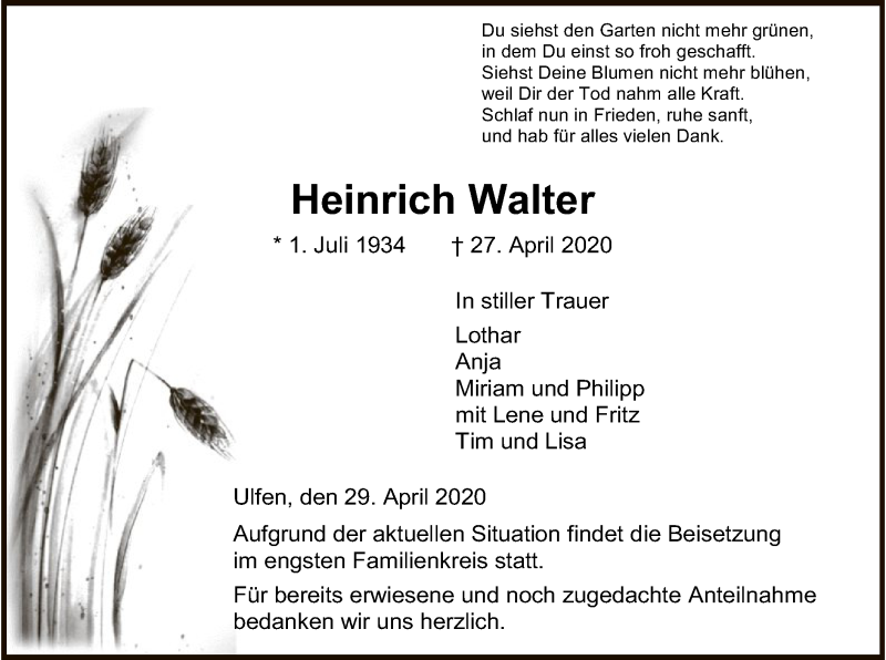  Traueranzeige für Heinrich Walter vom 29.04.2020 aus WRS