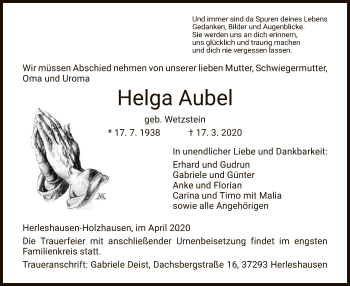 Traueranzeige von Helga Aubel von Eschwege