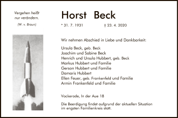 Traueranzeige von Horst Beck von WRS