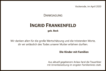 Traueranzeige von Ingrid Frankenfeld von WRS