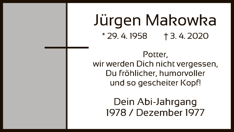  Traueranzeige für Jürgen Makowka vom 11.04.2020 aus Eschwege