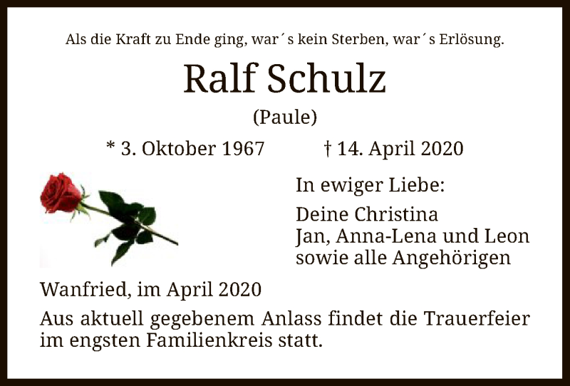  Traueranzeige für Ralf Schulz vom 21.04.2020 aus WRS