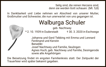 Traueranzeige von Walburga Schuler von Eschwege