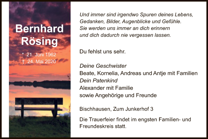  Traueranzeige für Bernhard Rösing vom 30.05.2020 aus WRS