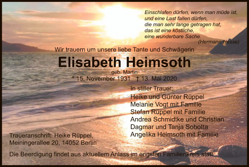  Traueranzeige für Elisabeth Heimsoth vom 20.05.2020 aus WRS