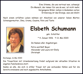 Traueranzeige von Elsbeth Schumann von WRS