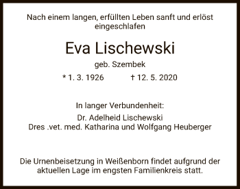 Traueranzeige von Eva Lischewski von WRS