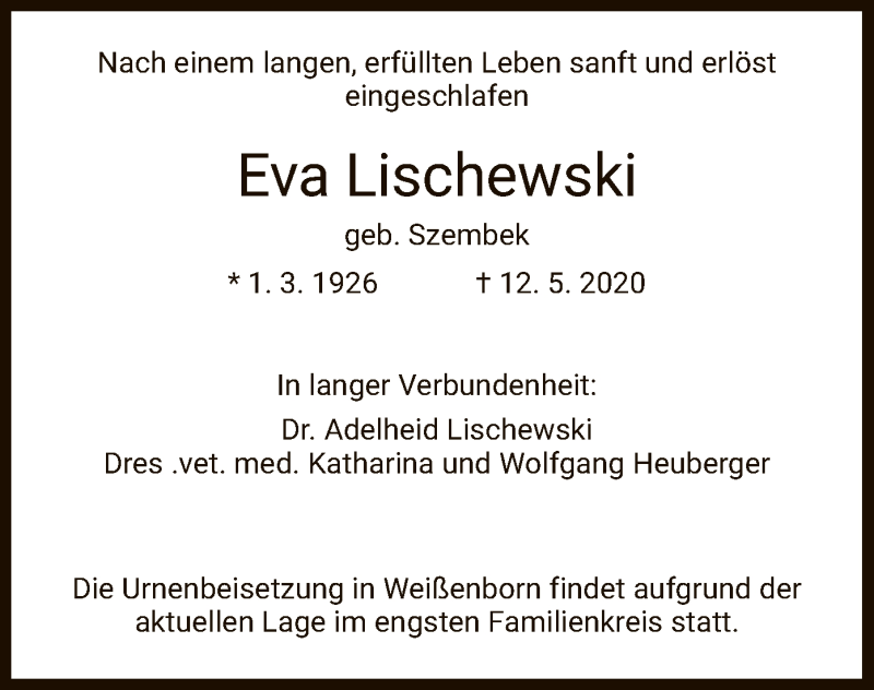  Traueranzeige für Eva Lischewski vom 23.05.2020 aus WRS