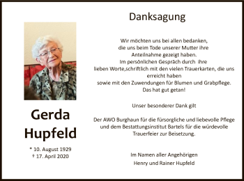 Traueranzeige von Gerda Hupfeld von WRS