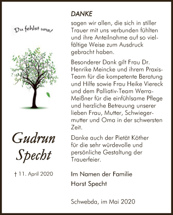 Traueranzeige von Gudrun Specht von WRS