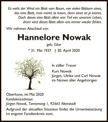 Traueranzeige von Hannelore Nowak von WRS