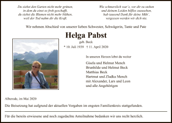 Traueranzeige von Helga Pabst von WRS