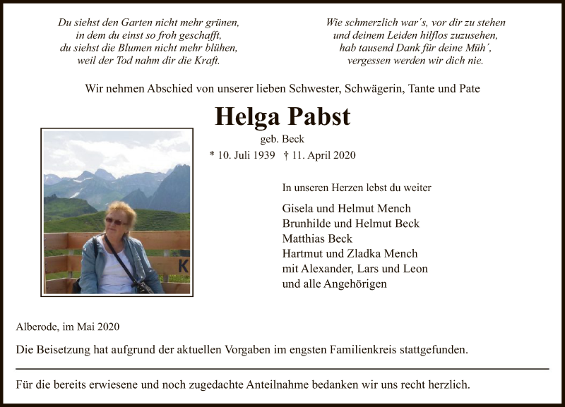  Traueranzeige für Helga Pabst vom 08.05.2020 aus WRS