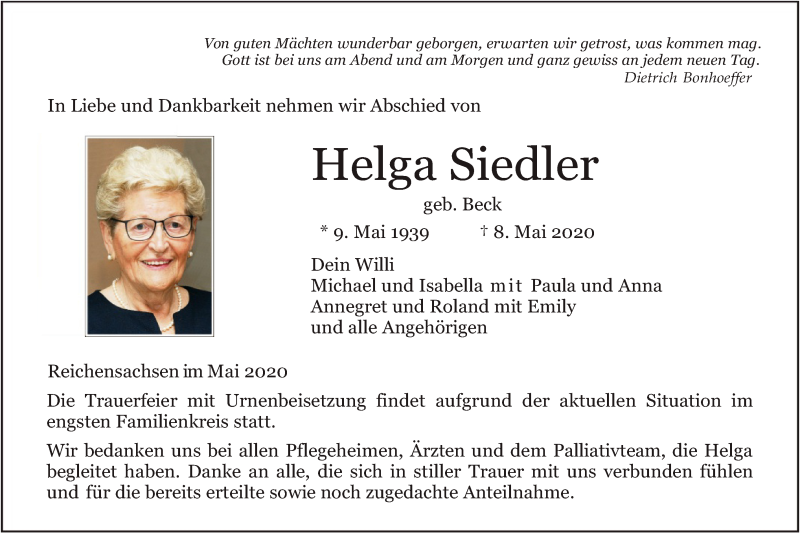  Traueranzeige für Helga Siedler vom 16.05.2020 aus WRS