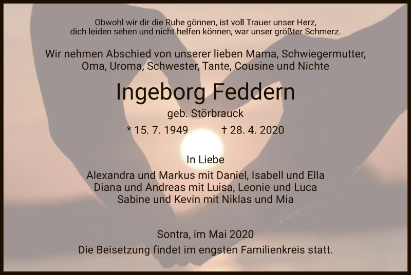  Traueranzeige für Ingeborg Feddern vom 06.05.2020 aus WRS
