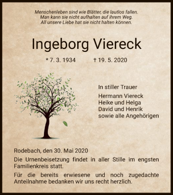 Traueranzeige von Ingeborg Viereck von WRS