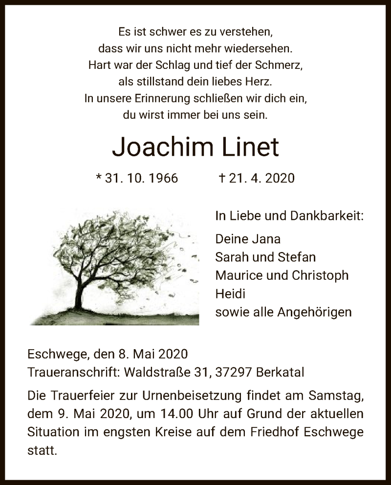  Traueranzeige für Joachim Linet vom 08.05.2020 aus WRS