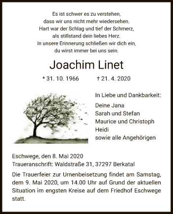 Traueranzeige von Joachim Linet von WRS