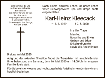 Traueranzeige von Karl-Heinz Kleecack von WRS