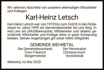 Traueranzeige von Karl-Heinz Letsch von WRS