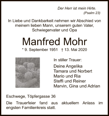 Traueranzeige von Manfred Mohr von WRS