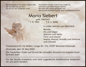 Traueranzeige von Maria Siebert von WRS