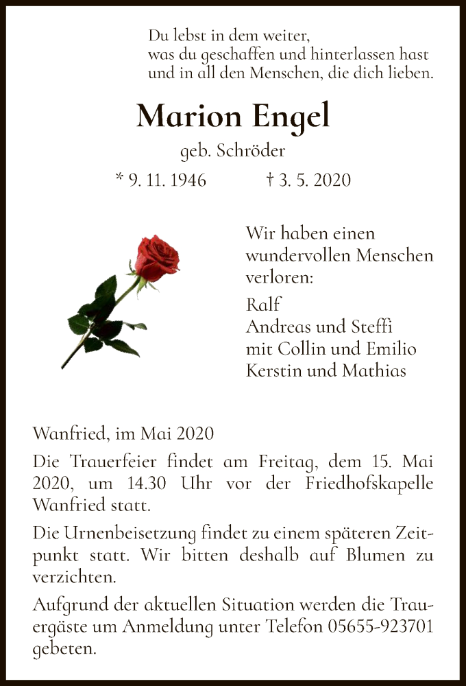  Traueranzeige für Marion Engel vom 12.05.2020 aus WRS