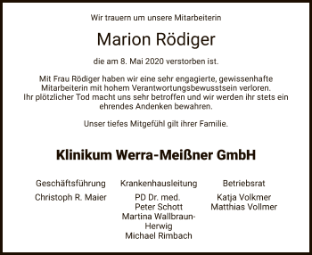 Traueranzeige von Marion Rödiger von WRS