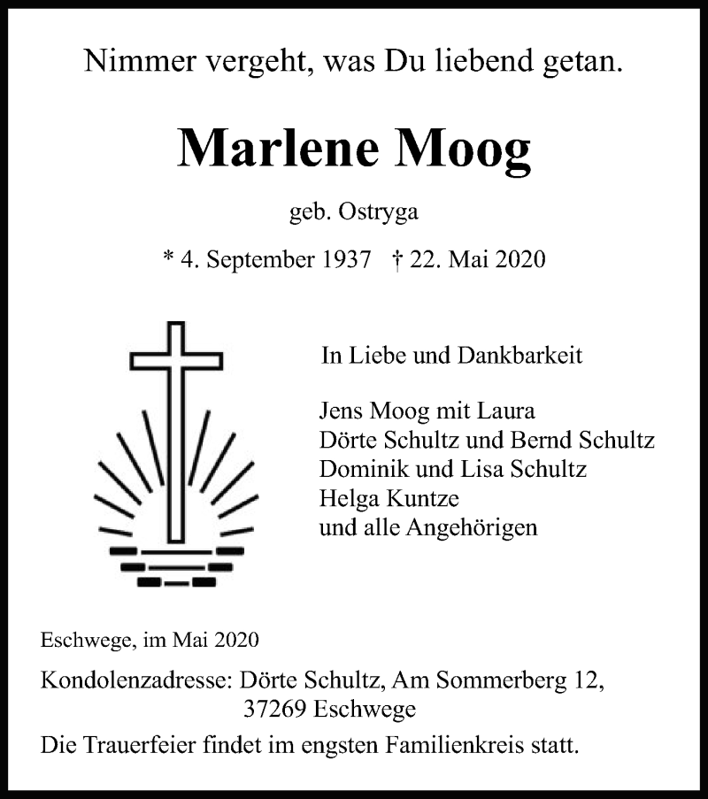  Traueranzeige für Marlene Moog vom 27.05.2020 aus WRS