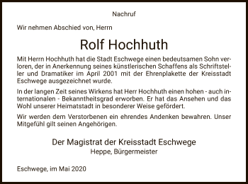 Traueranzeige von Rolf Hochhuth von WRS