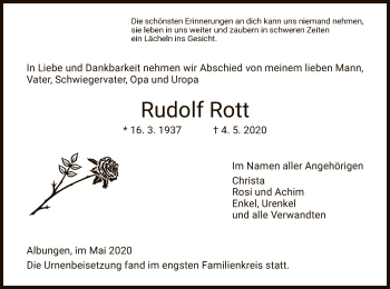 Traueranzeige von Rudolf Rott von WRS