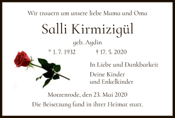 Traueranzeige von Salli Kirmizigül von WRS