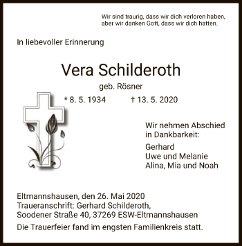 Traueranzeige von Vera Schilderoth von WRS