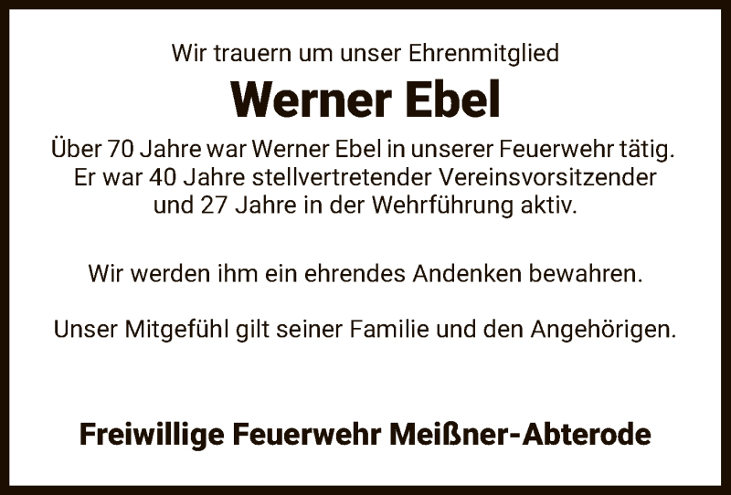  Traueranzeige für Werner Ebel vom 23.05.2020 aus WRS