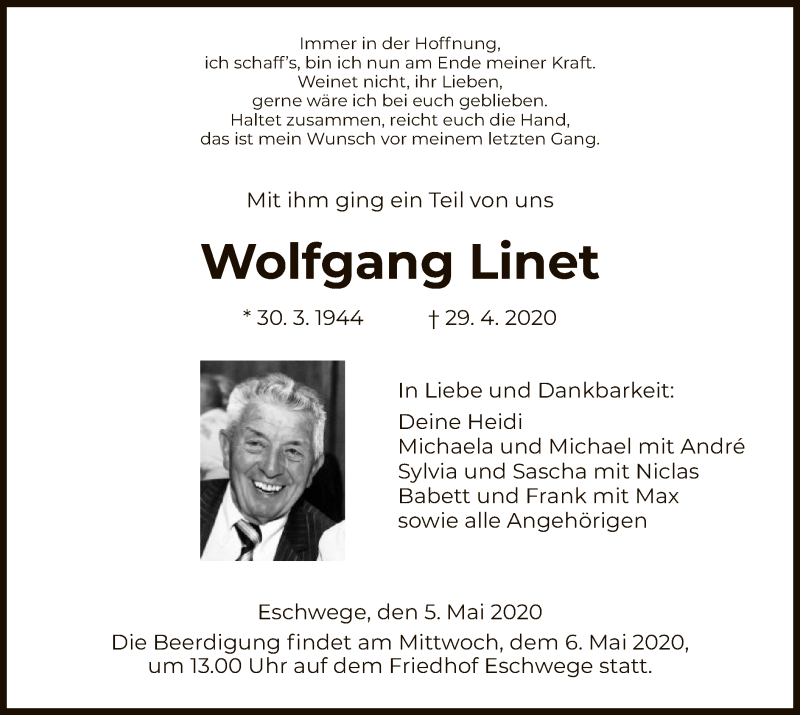  Traueranzeige für Wolfgang Linet vom 05.05.2020 aus WRS