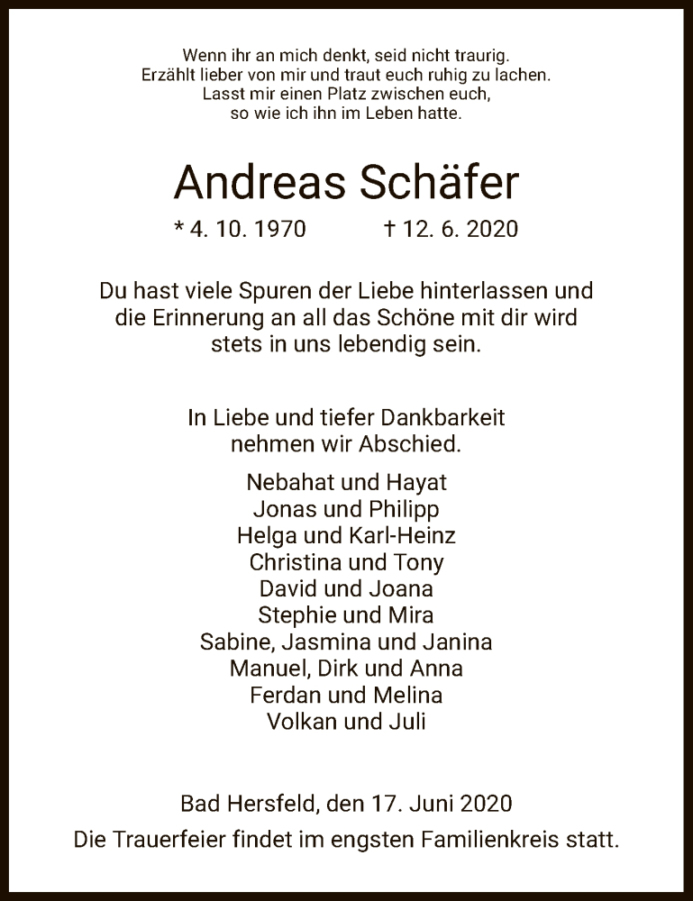  Traueranzeige für Andreas Schäfer vom 17.06.2020 aus WRS